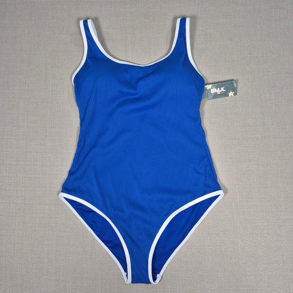 BMJL Women Blue Ribbed One Piece Swimsuit Scoop Neck Contrast Trim Size L NEW